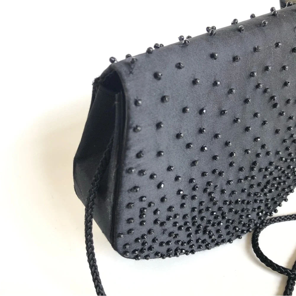 La Regale Vintage Clutch Black Beaded Satin Purse